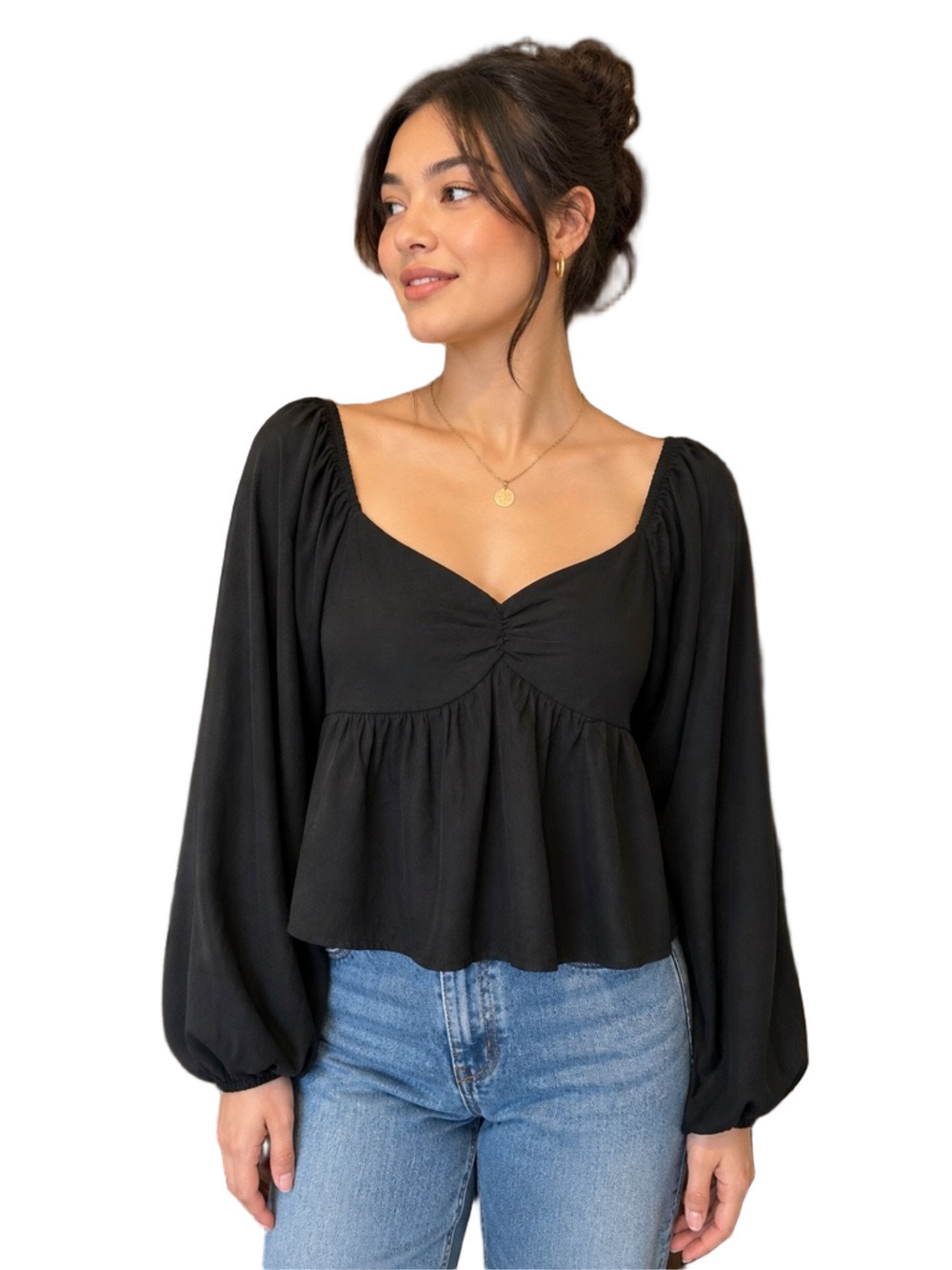 Francesca's Miami Black Puff-Sleeve Sweetheart Peplum Blouse Size L